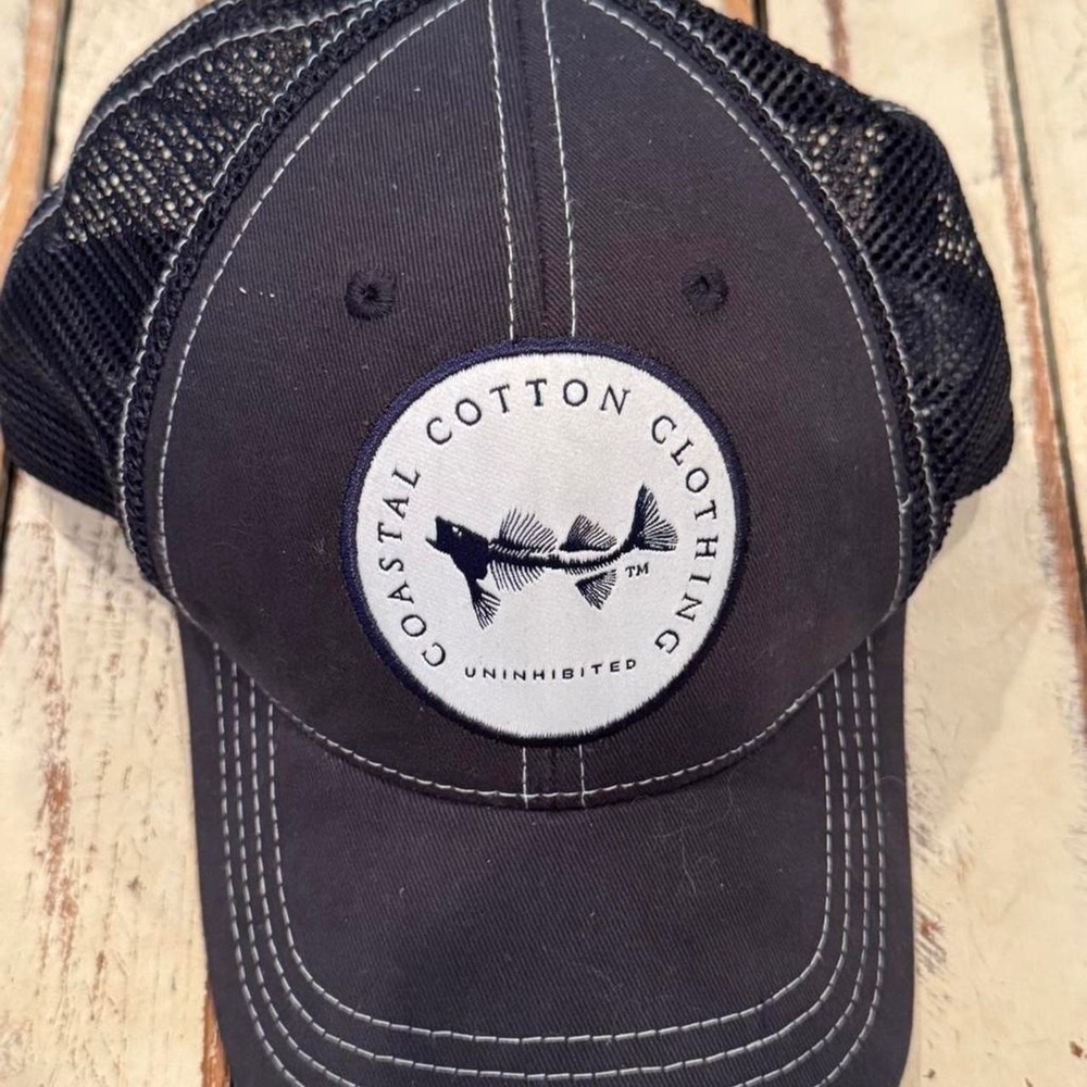 Coastal Cotton Clothing Navy Blue Trucker Hat Fish Skeleton Logo Snapback Cap